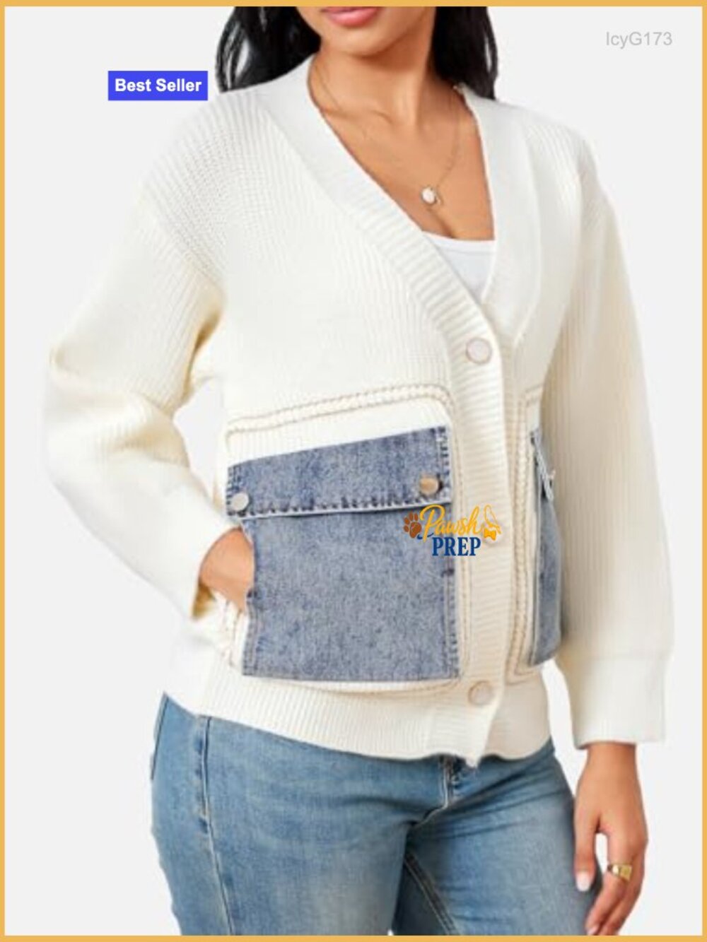Open Front Patchwork Cardigan Sweater with Denim Pockets V Neck Button Down - Picture 5 of 7